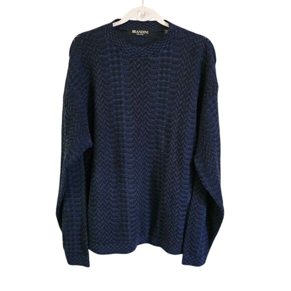 Brandini Sweater Mens Large Navy Blue Wool Textured Zigzag Knit Pullover Italy - Picture 1 of 7